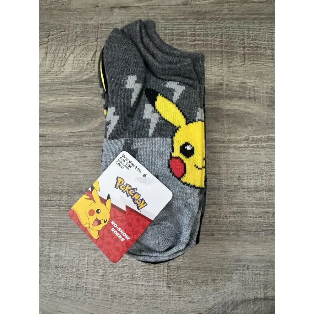 Pokémon Pikachu No Show Socks 6 Pair Pack Gray Yellow Kids Shoe Size 9-2½ NW